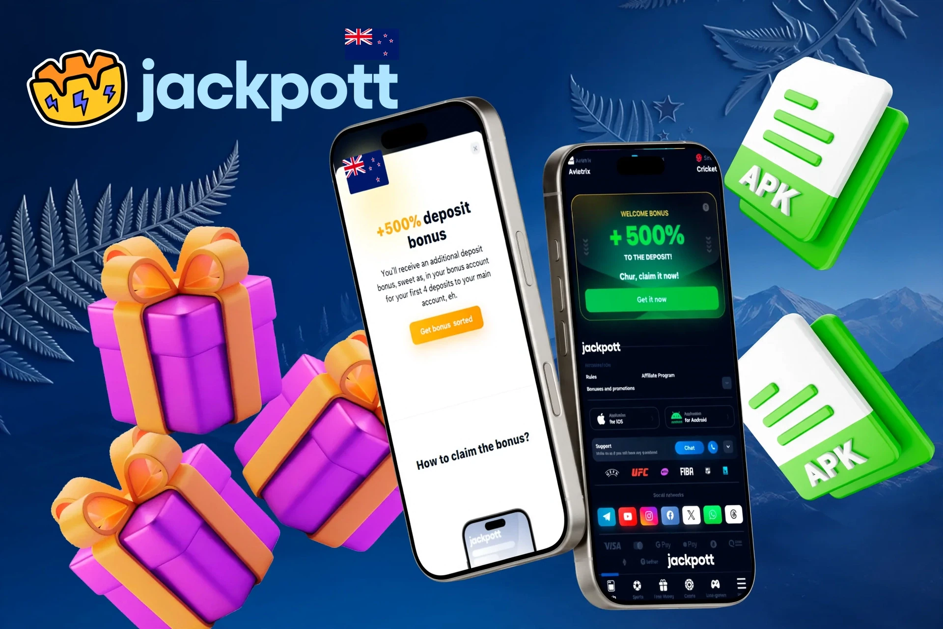 Jackpotter mobile app promotion with £40 Bingo Bonus + 20 Free Spins and gift box illustration