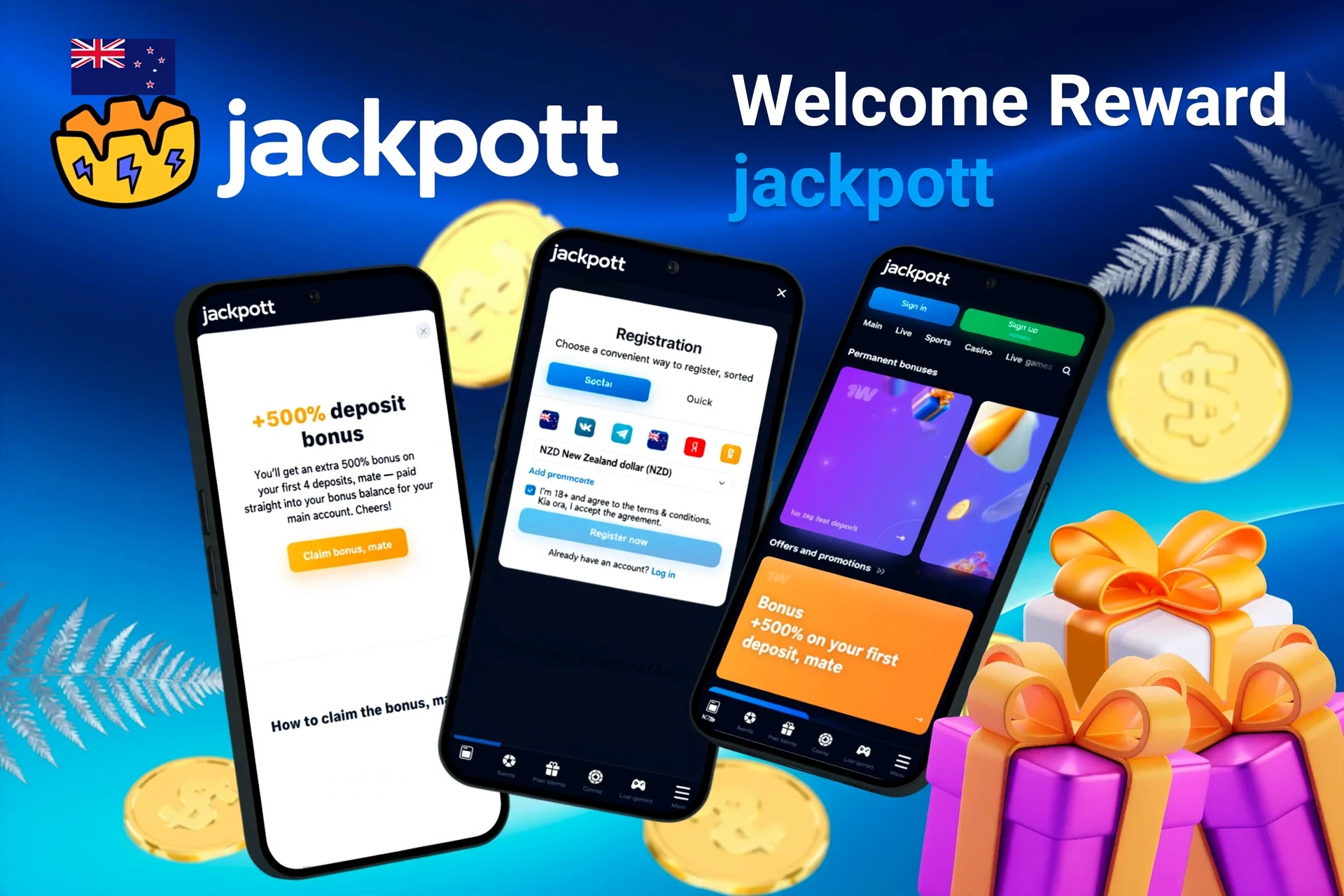 Mobile screens displaying Jackpotter registration and 500% deposit bonus with gift boxes