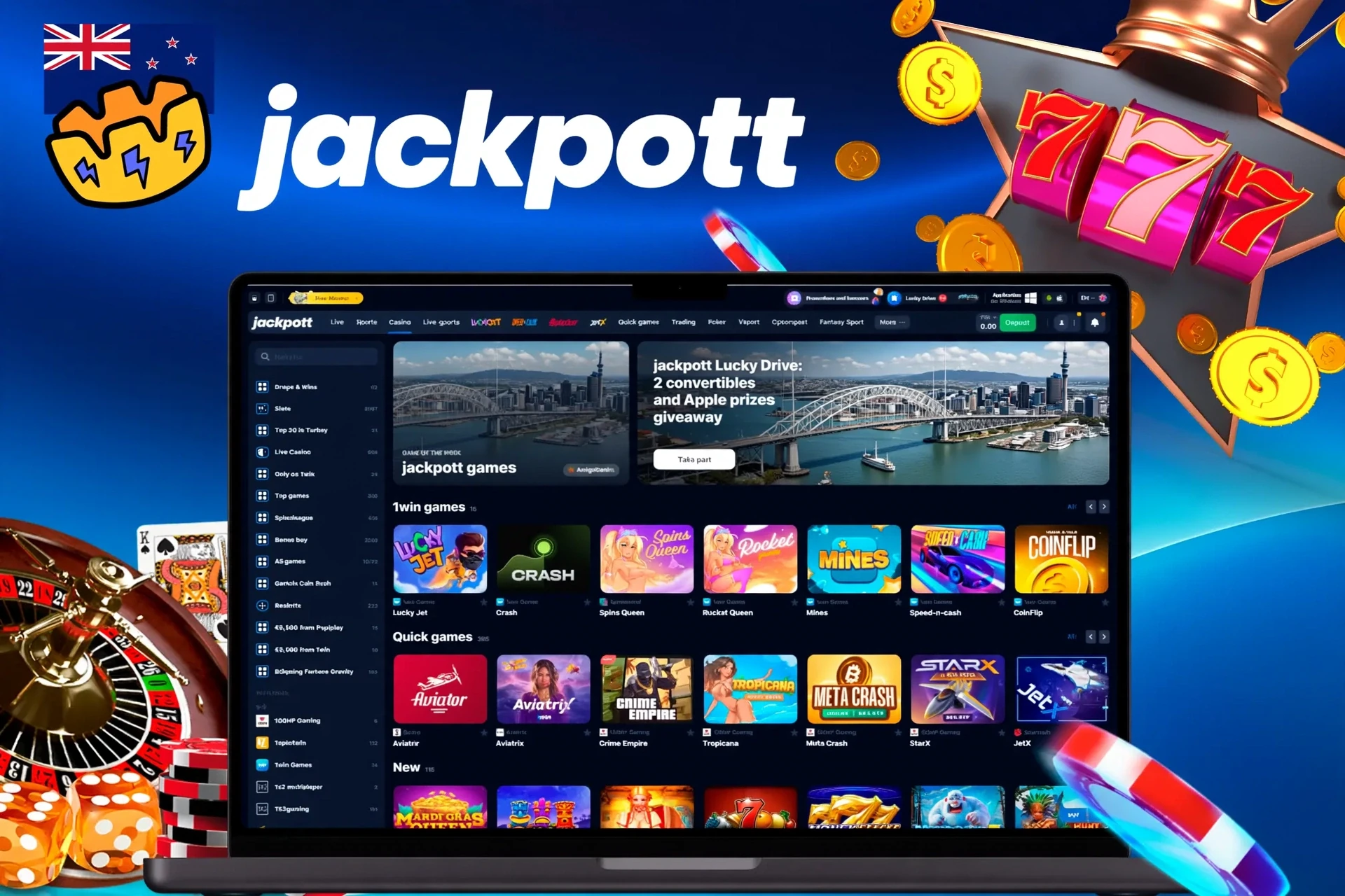 Casino homepage displaying a variety of slot and crash titles, including Lucky Jet and Blazing Crown