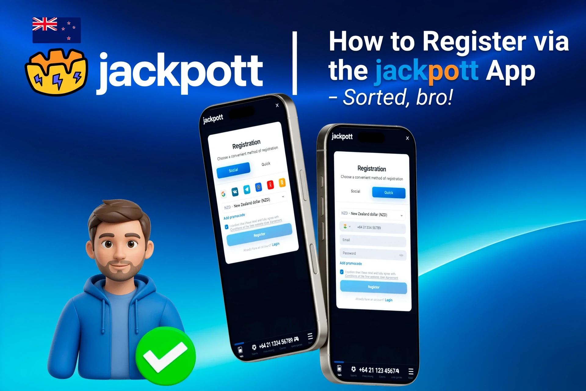 Registration process on the Jackpotter mobile app with social login options