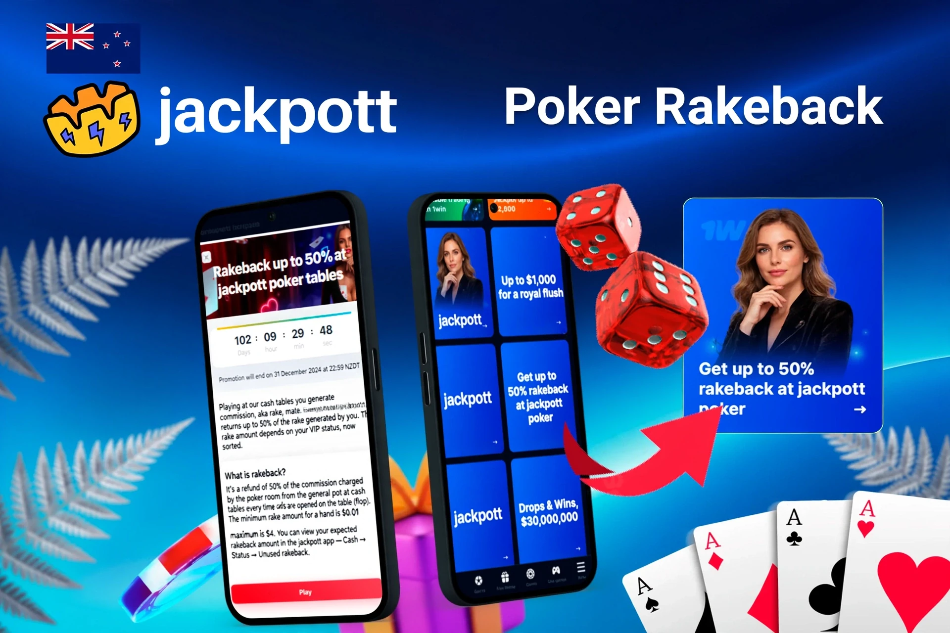 Mobile app with 1Win poker rakeback offer up to 50%, red dice, and playing cards