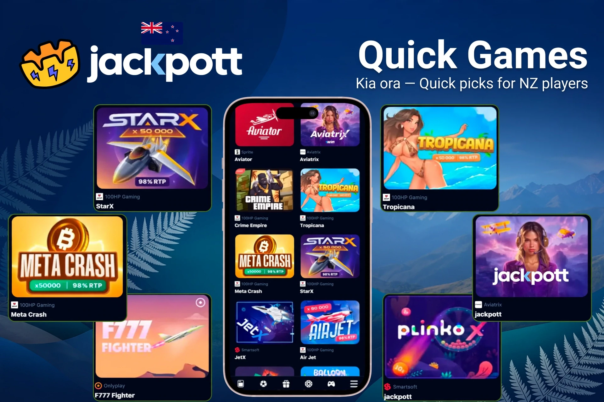 Quick games section highlighting titles like StarX, Tropicana, Meta Crash, and PlinkoX on the mobile app