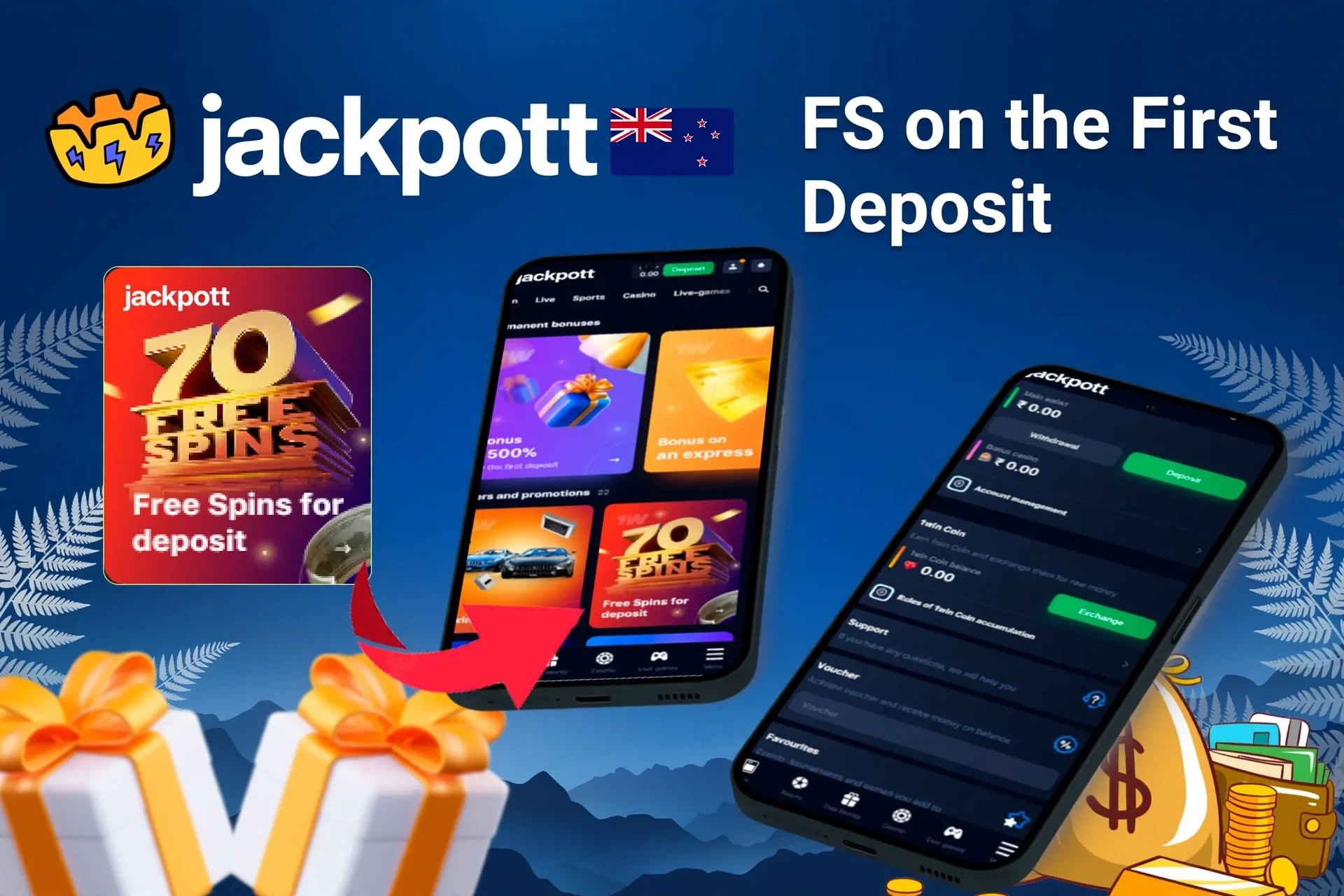 Mobile app showing casino game offers like loyalty program and free spins with poker chips and cards