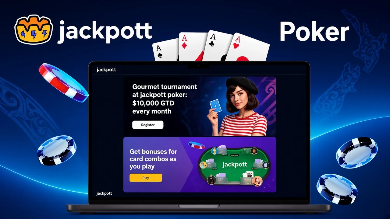 Jackpotter poker promotion featuring a premium tournament with £10,000 guaranteed prize and bonuses for card combinations