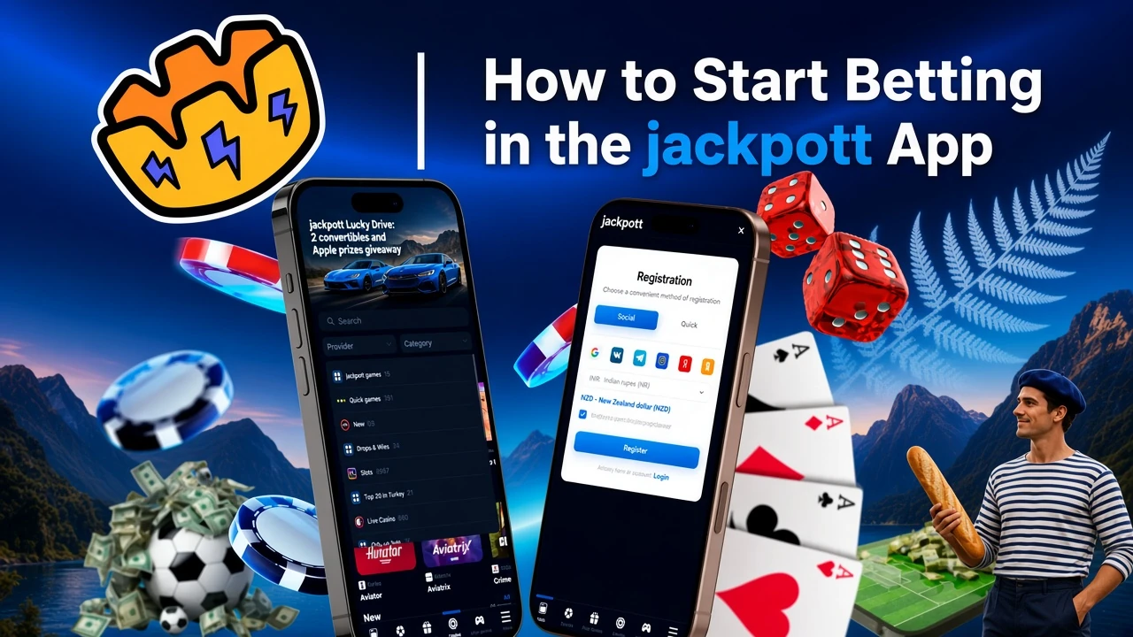 Step-by-step guide to starting betting on the Jackpotter app, with registration and game selection shown on mobile screens