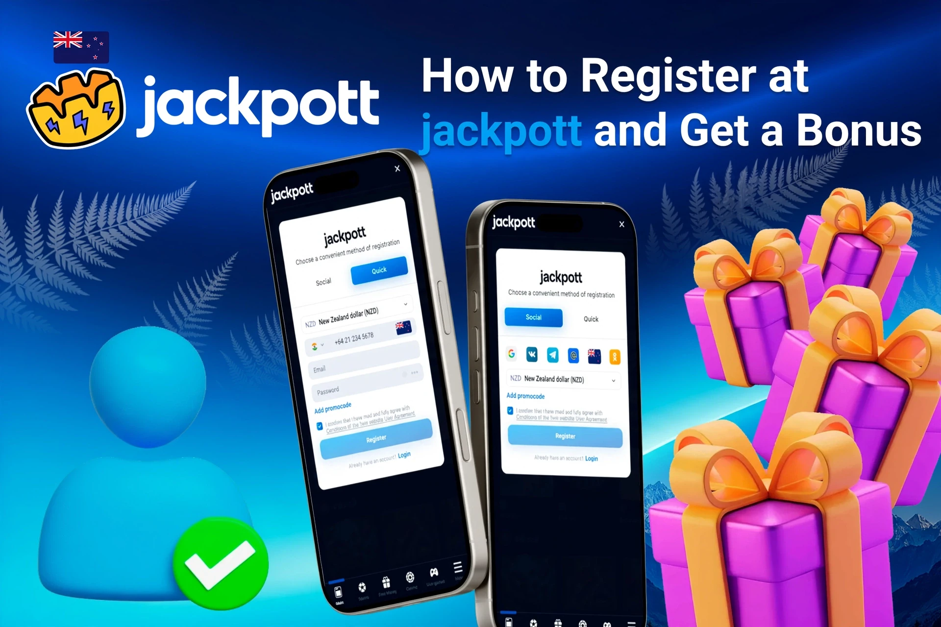 Mobile registration page for 1Win showing bonus offers with purple and gold gift boxes
