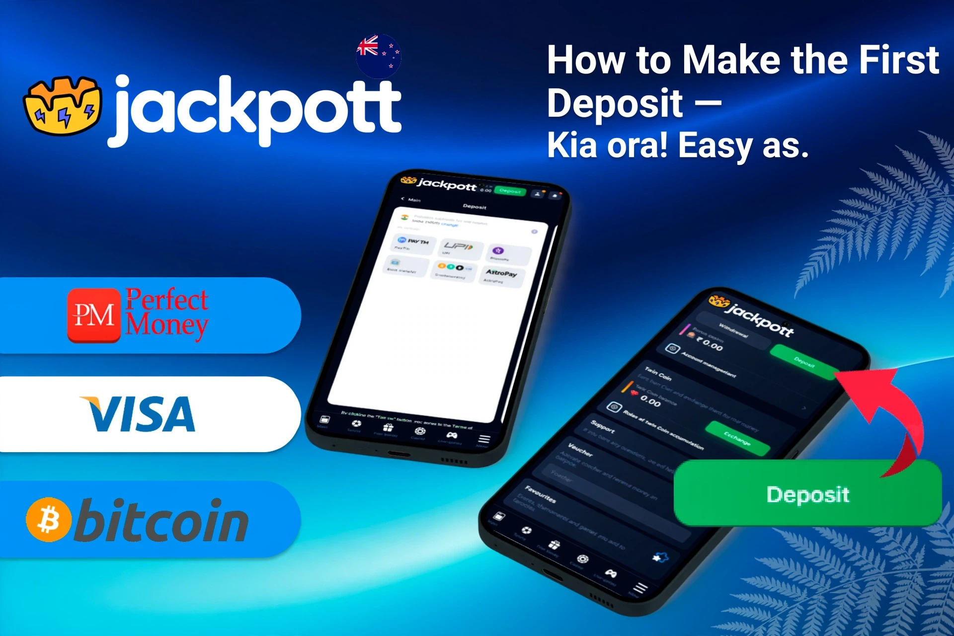 Mobile app screen showing deposit options such as Perfect Money, Visa and Bitcoin with a deposit button
