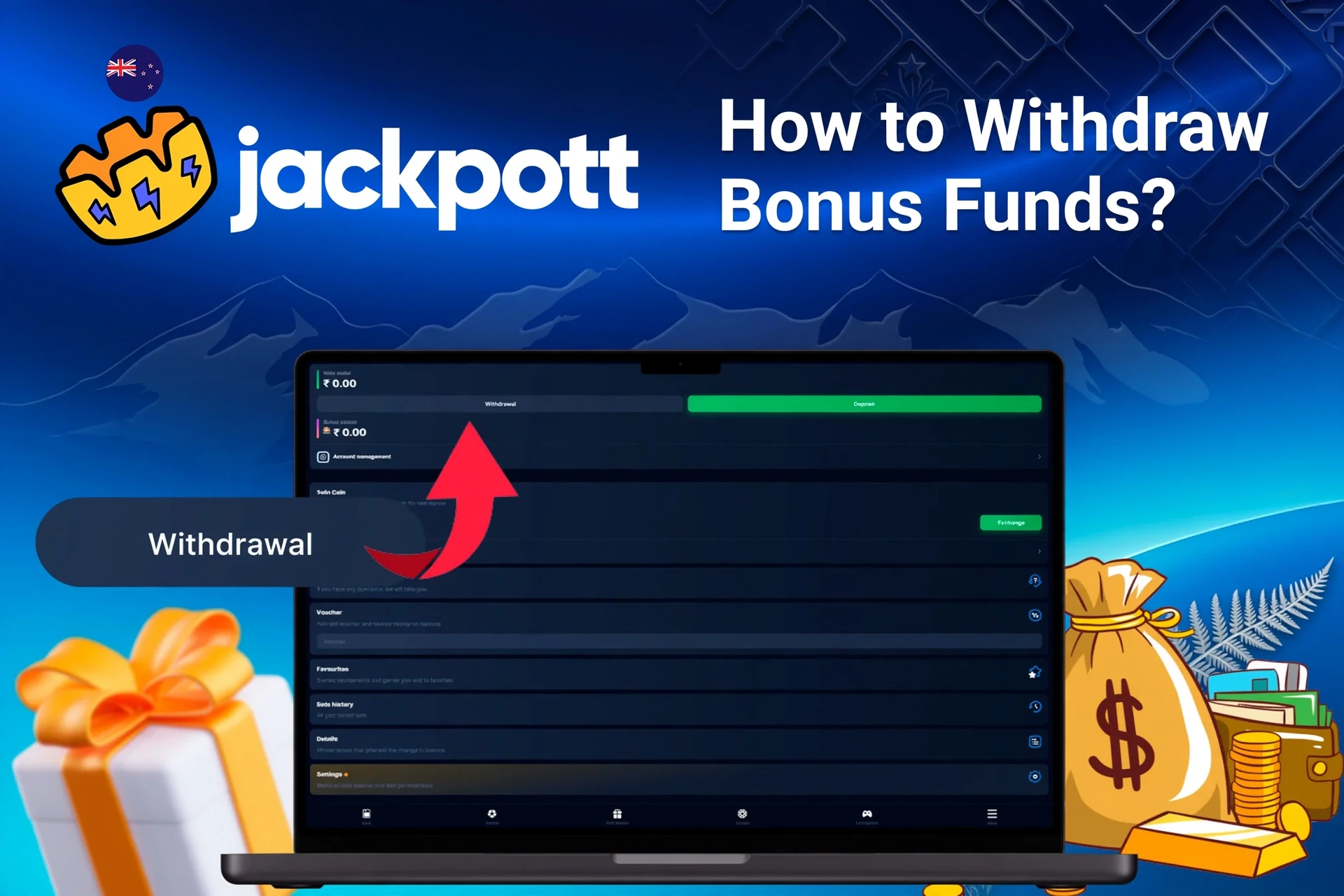 Laptop screen showing Jackpotter withdrawal options with money bags and gift boxes in the background