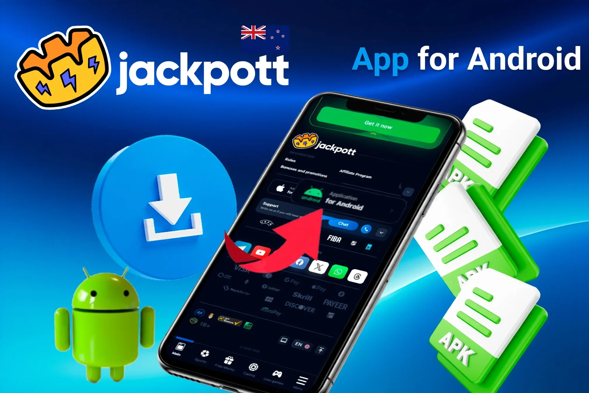 App for Android download process with APK file icons and Android mascot