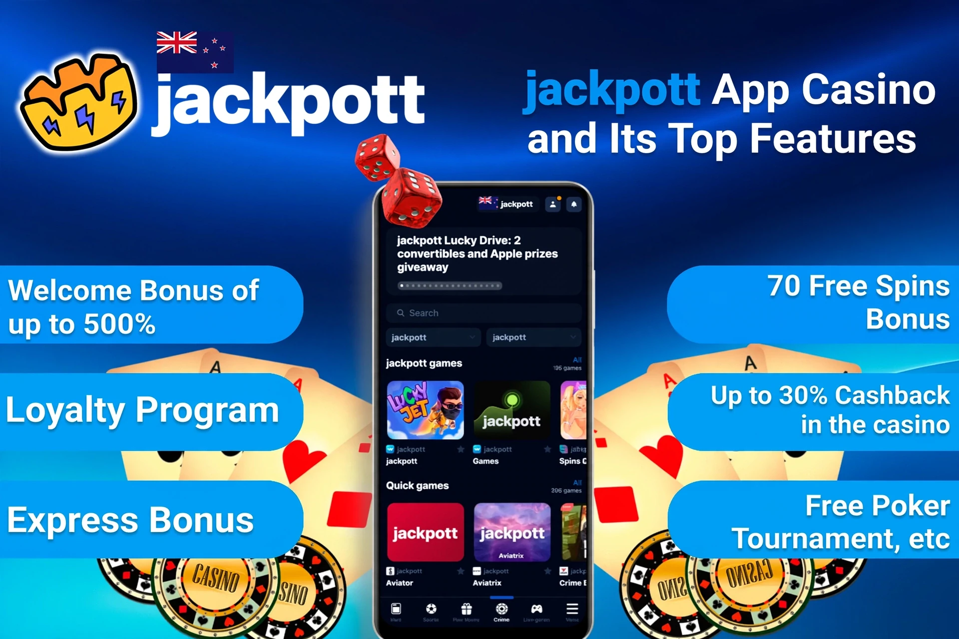 Jackpotter App Casino top features including welcome bonus, loyalty program, and express bonus on mobile interface