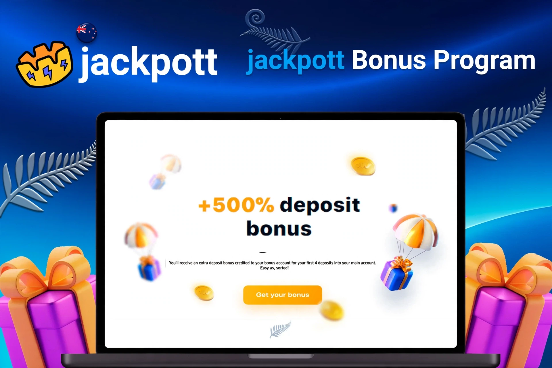 Laptop showing bonus offer of +500% deposit bonus with floating coins and gifts