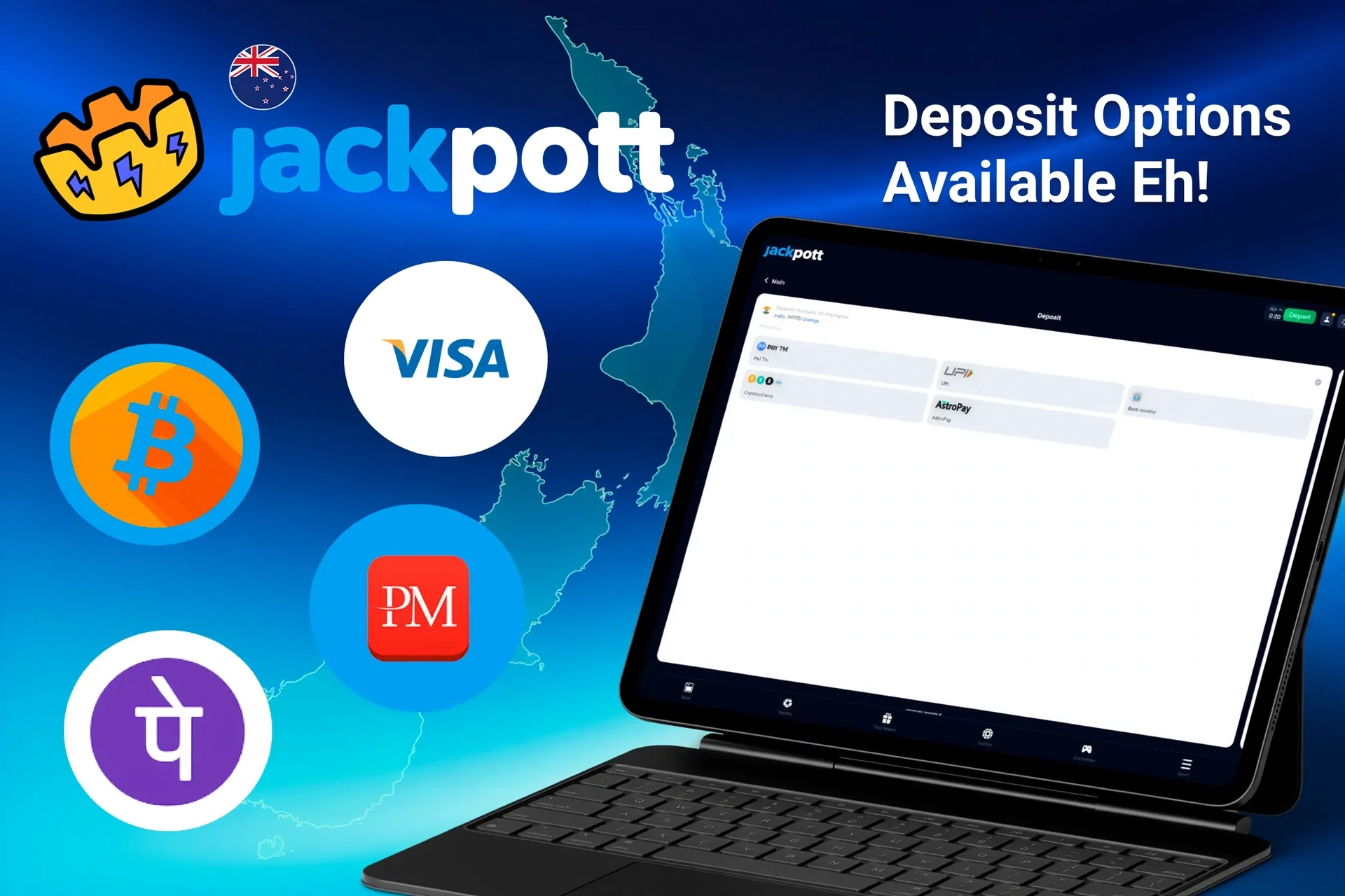 Deposit options available on Jackpotter platform, including Bitcoin, Visa, PayPal, and Perfect Money, displayed on a tablet