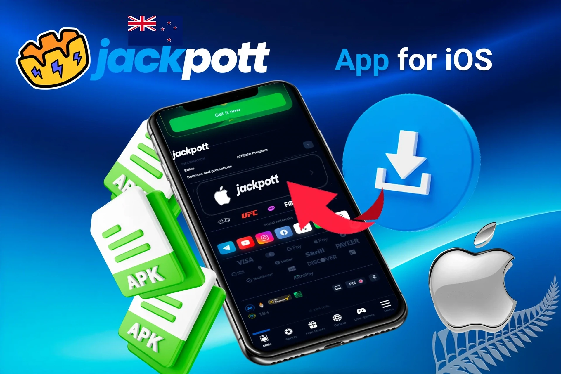 iOS app download screen with APK file icons and Apple logo