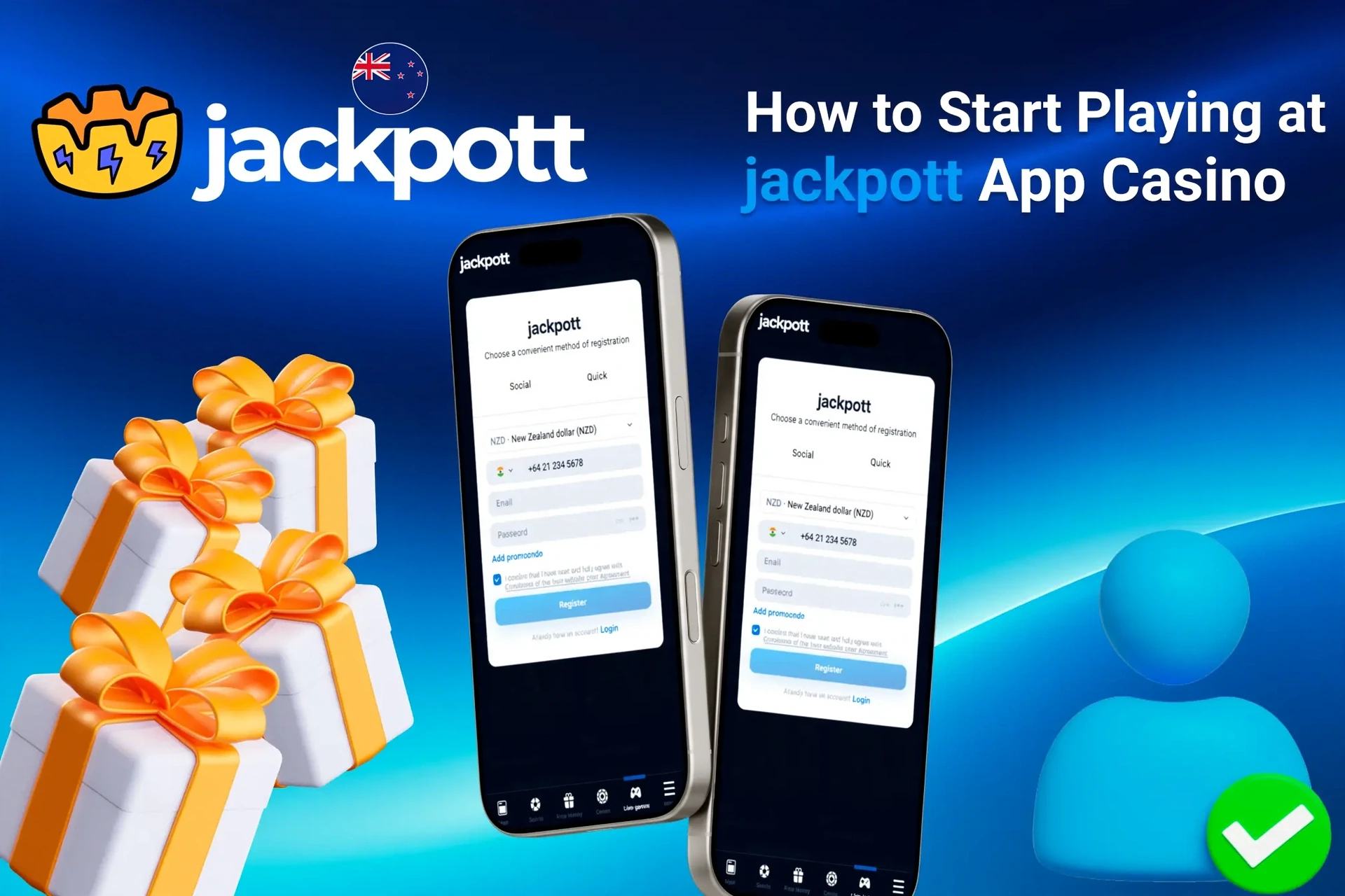 Jackpotter app registration screen on mobile with easy-to-follow steps and gift box icons
