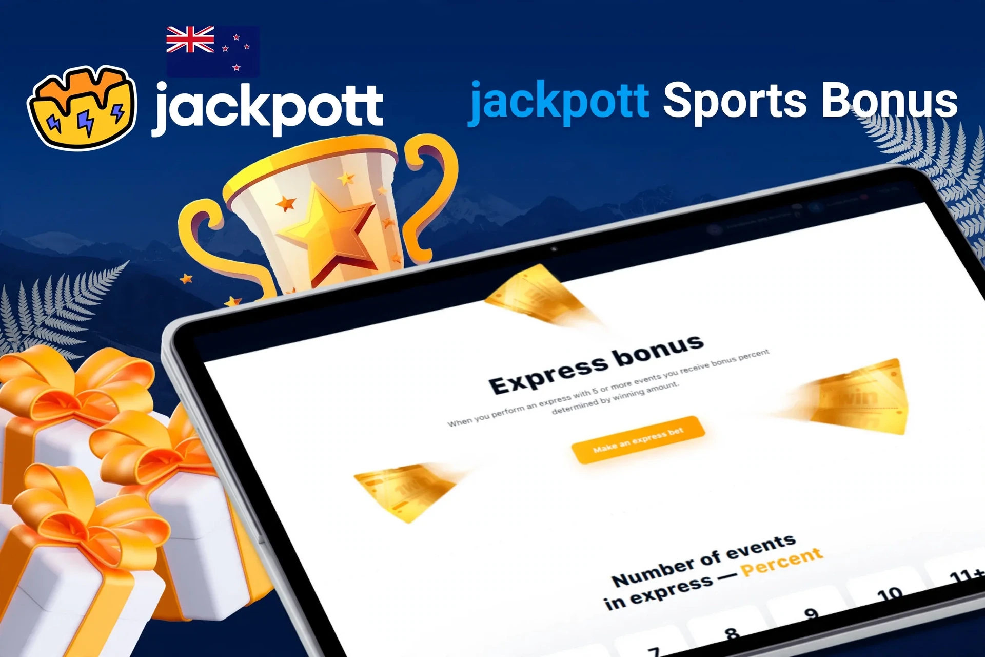 Tablet screen with express bonus offer for sports betting from Jackpotter, with trophy and gift boxes.