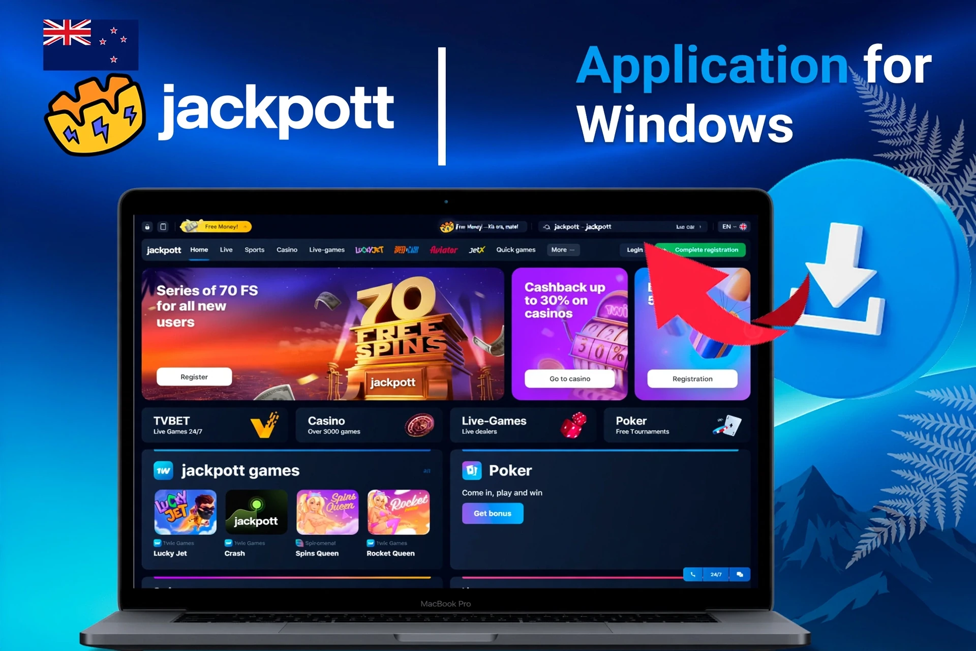 Application for Windows with download instructions and 70 free spins promotion