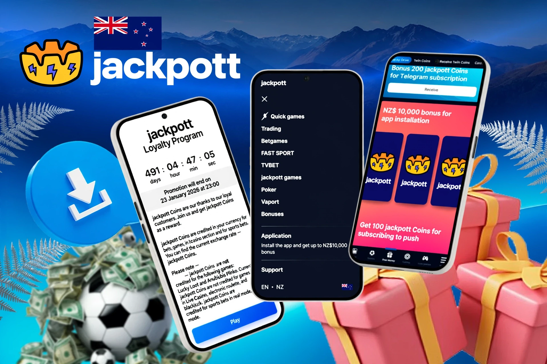 Mobile screens showing loyalty program, app installation bonus, and football icon with download button