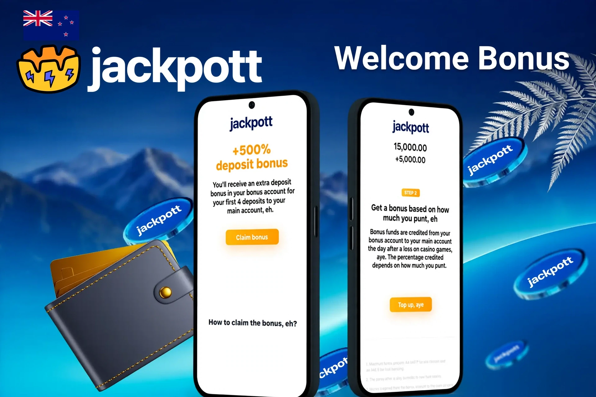 Jackpotter welcome bonus screen with £40 Bingo Bonus and 20 Free Spins displayed on two mobile screens