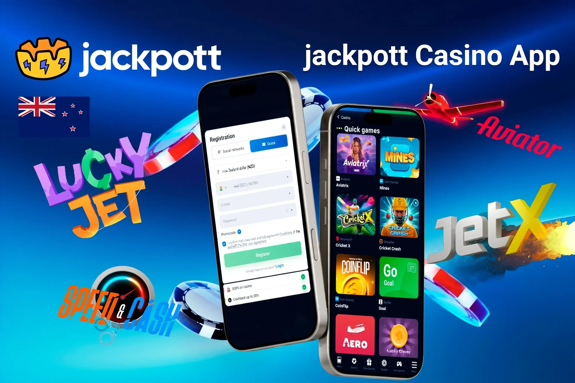 Jackpotter Casino app registration screen with quick games like Aviatrix and JetX