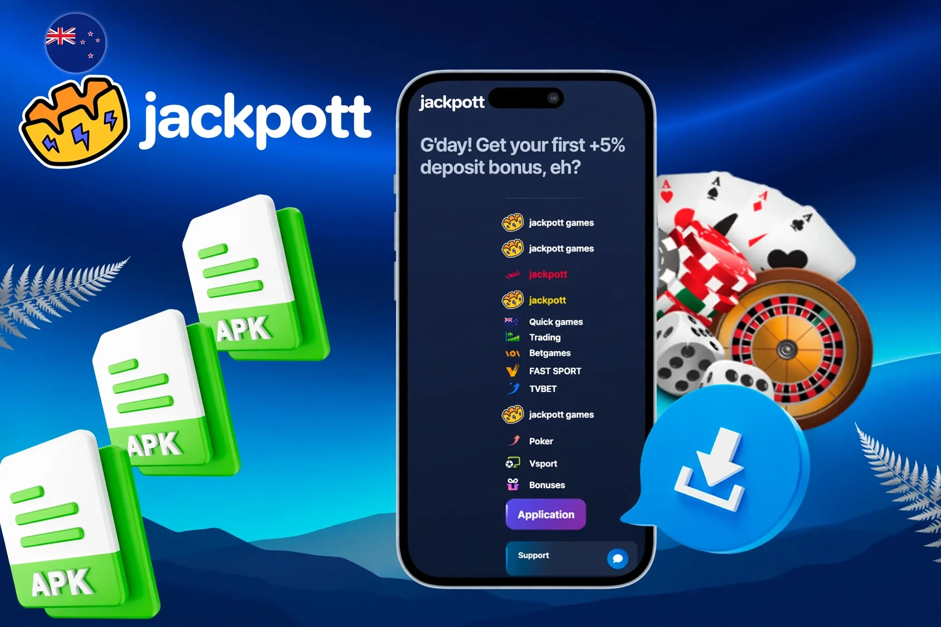 Jackpotter app with PWA/installer icons and casino chips illustrating mobile access to Jackpotter games