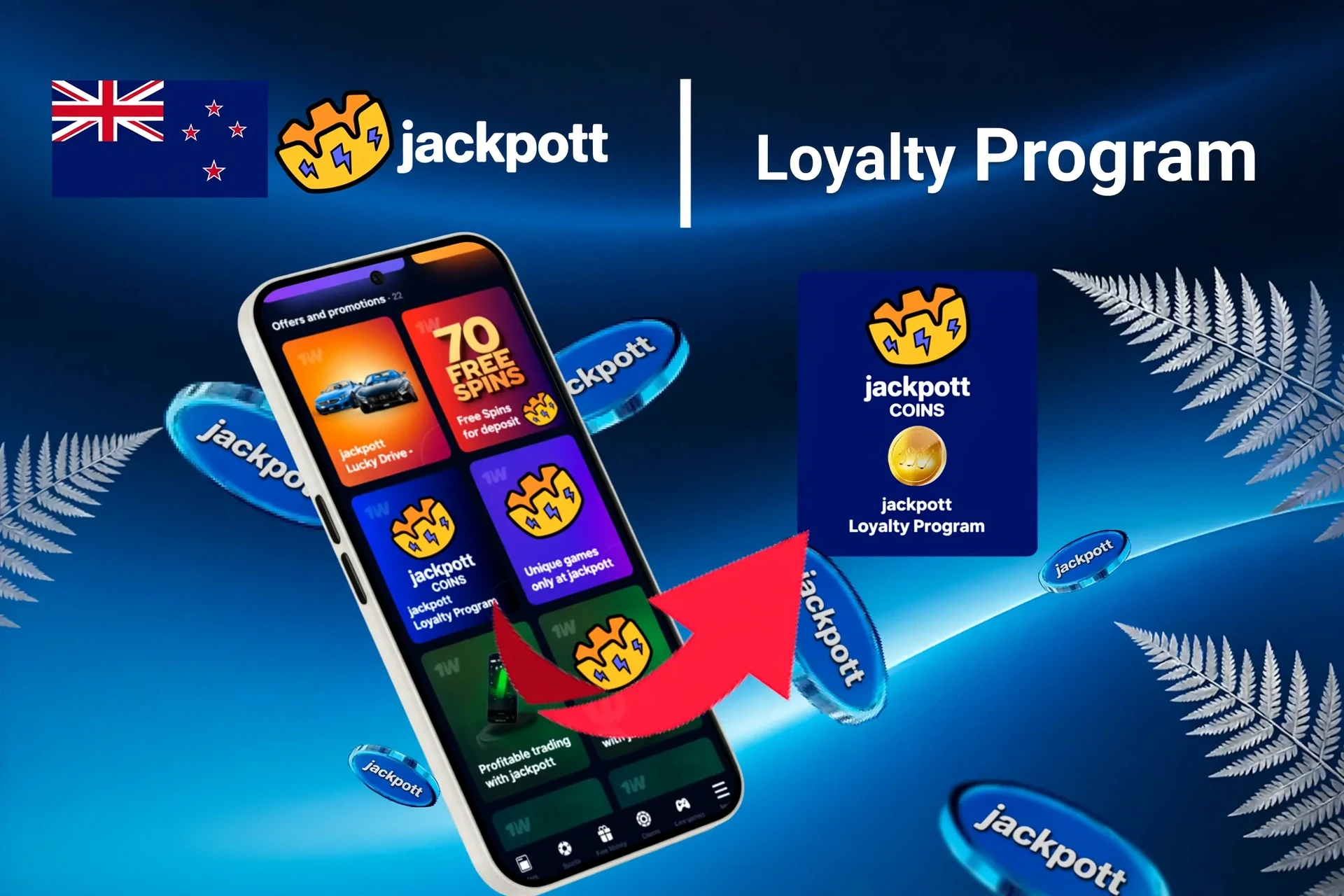 Mobile app showing Jackpotter loyalty program and offers like free spins and Lucky Drive.