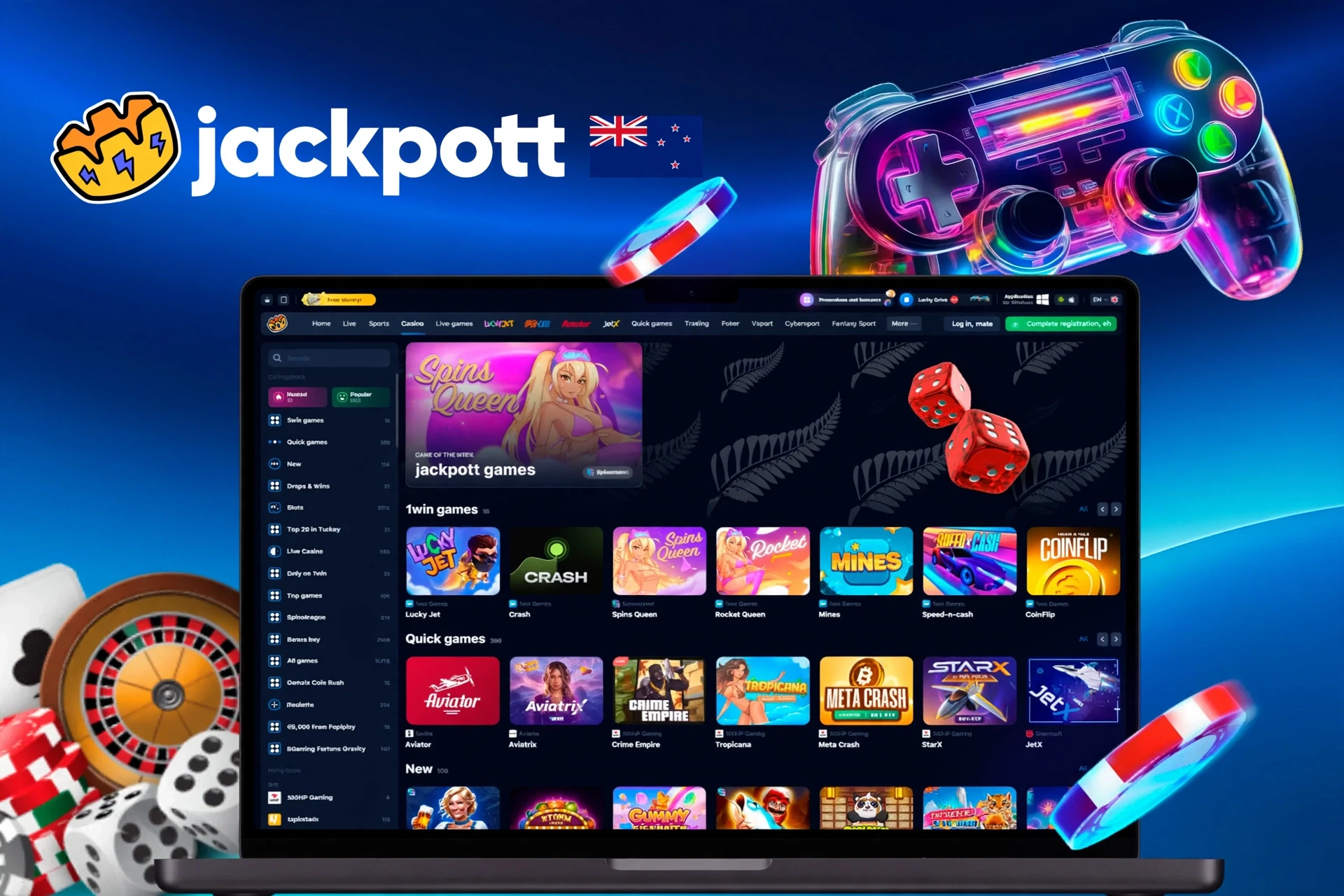 app interface showing a variety of games like Spins Queen, Crash, and Rocket Queen with a vibrant game controller icon