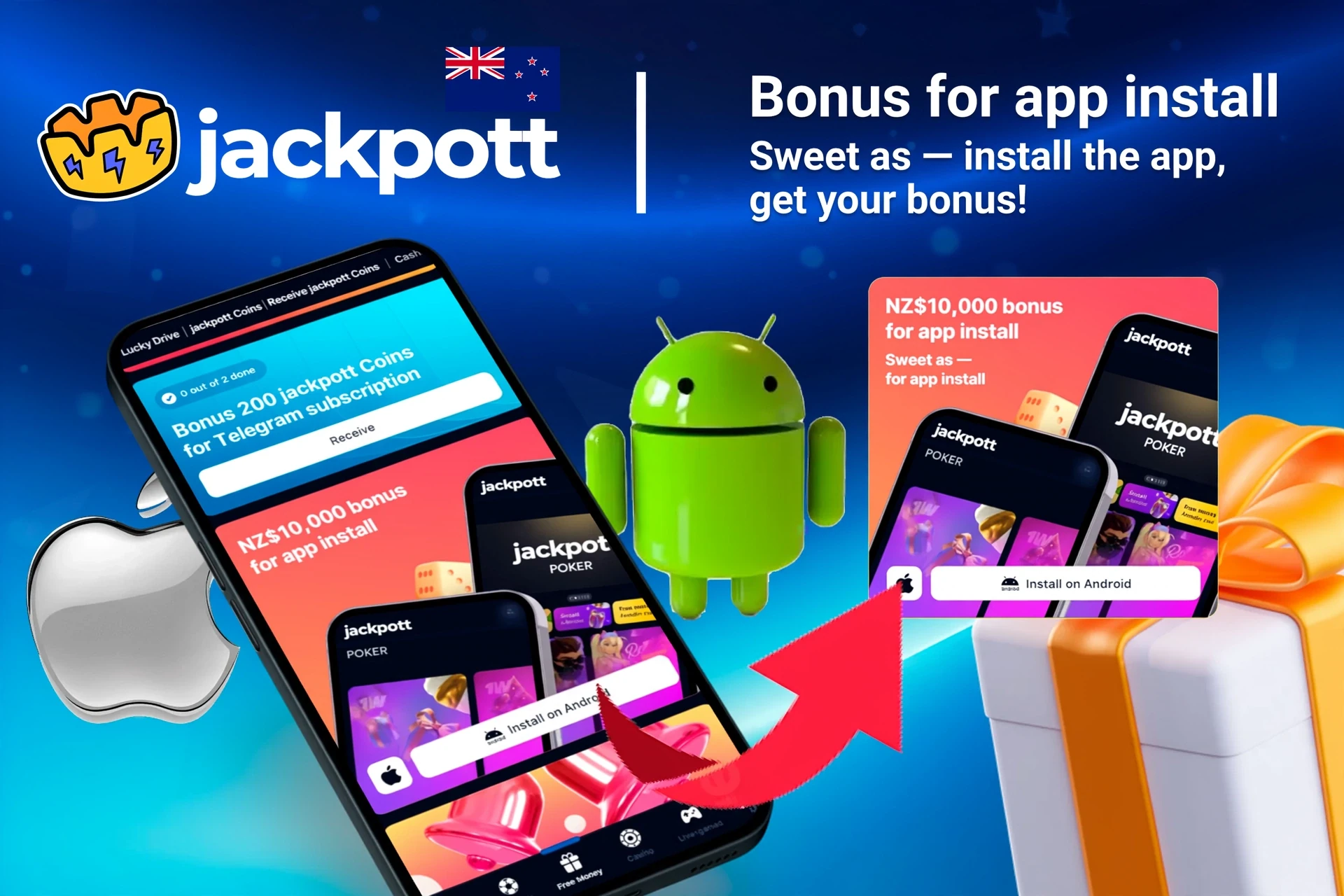 Jackpotter bonus offer for app installation on mobile with Android and Apple logos, and gift boxes