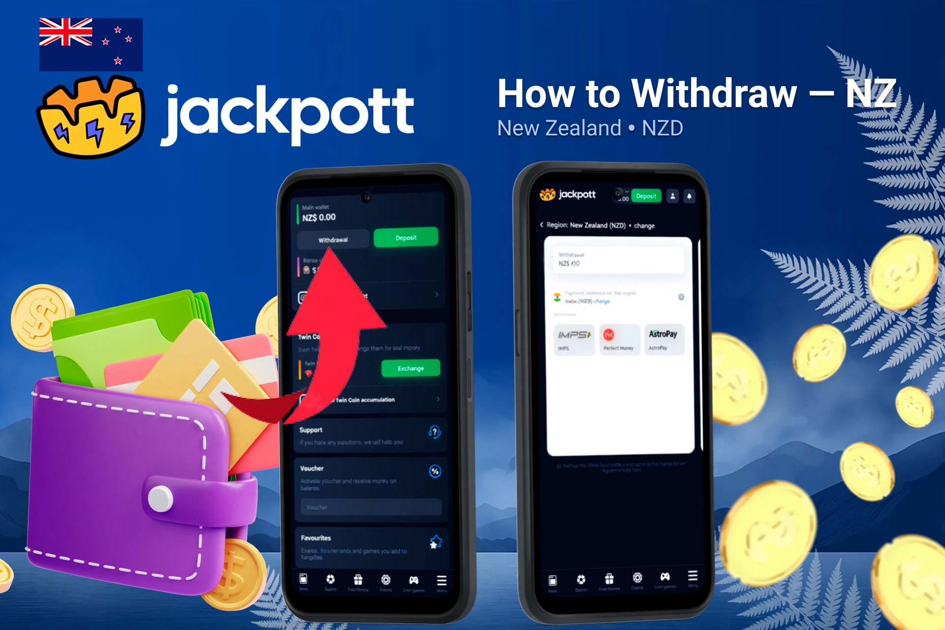 mobile interface showing the withdrawal process with an arrow pointing to available cashout options and wallet balance
