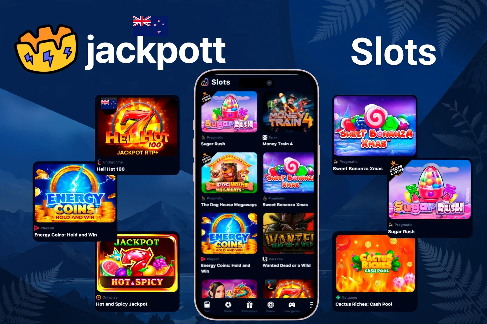 Slot games showcasing popular titles such as Sugar Rush, Energy Coins, and Hell Hot 100 on mobile and desktop