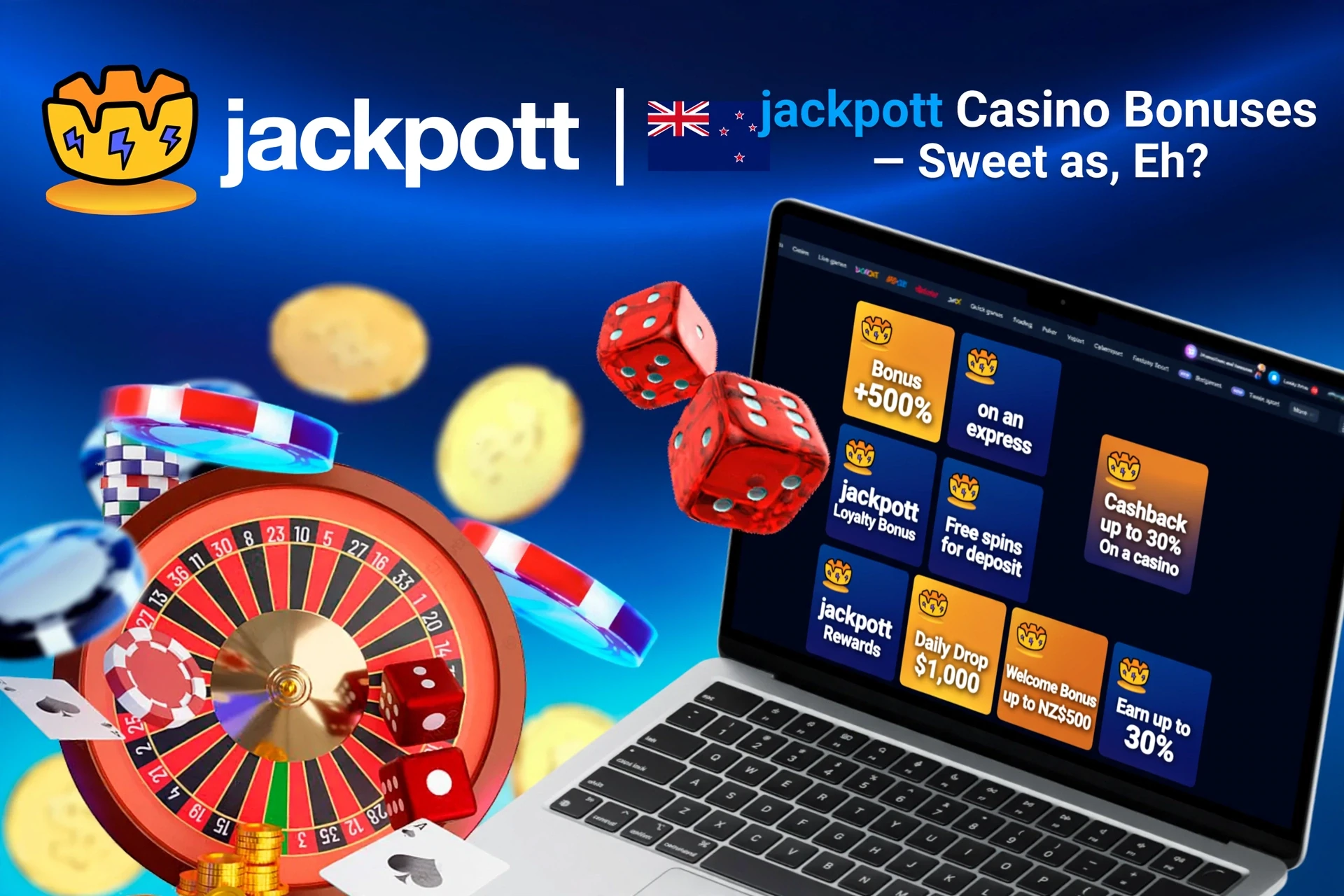 Laptop screen showing various Jackpotter casino bonuses with roulette, dice, and poker chips