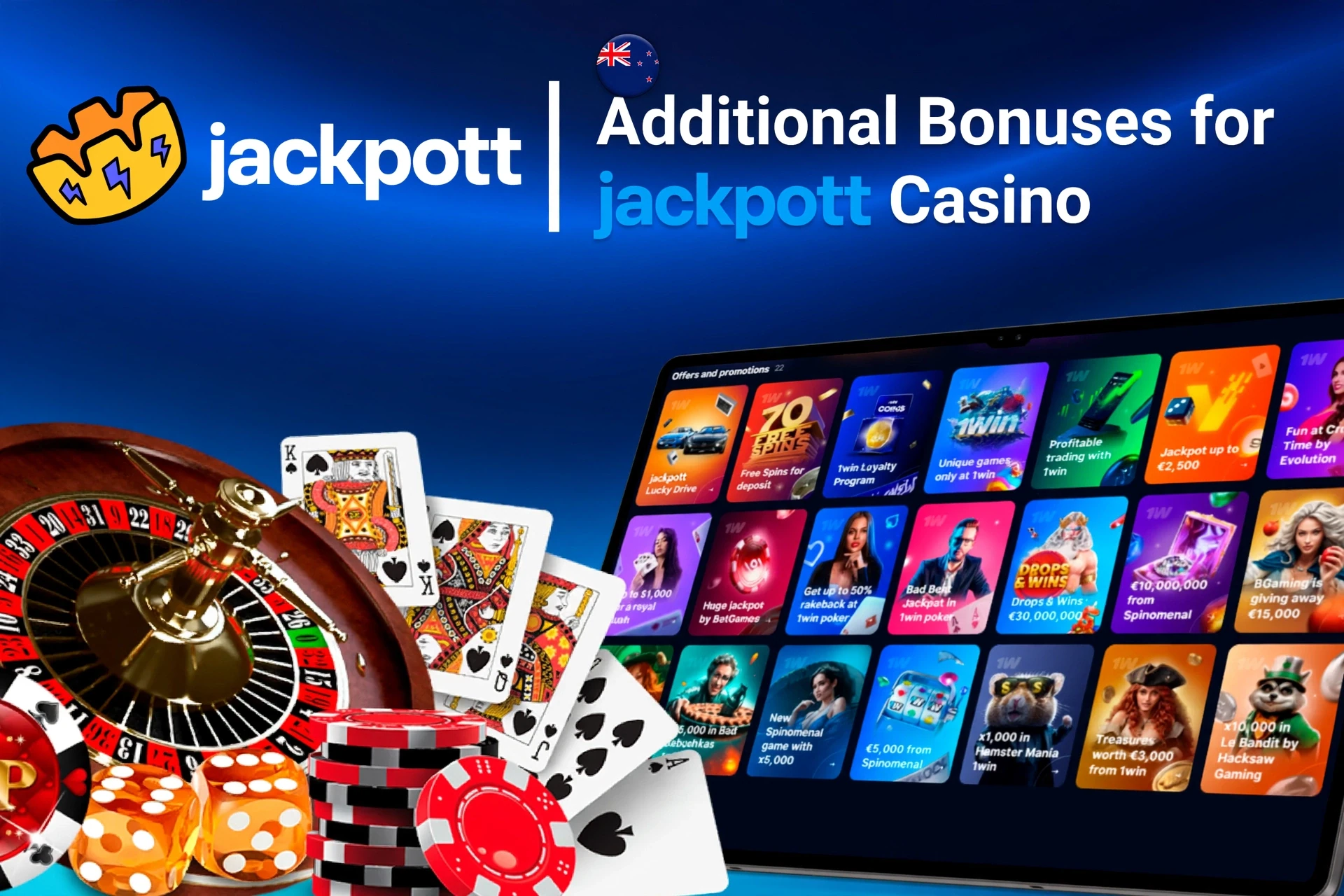 Mobile app showing casino game offers like loyalty program and free spins with poker chips and cards