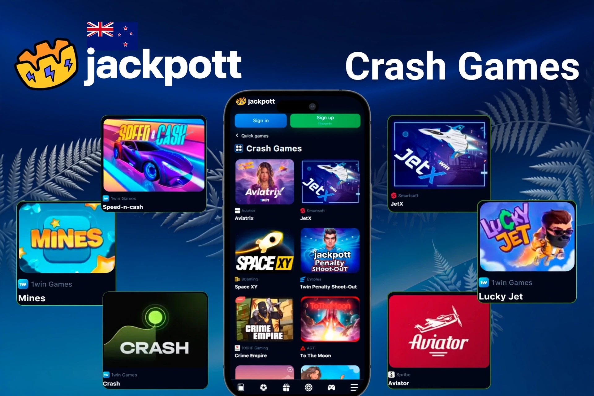 Crash games such as Mines, Speed-n-Cash, JetX, and Lucky Jet shown on mobile app